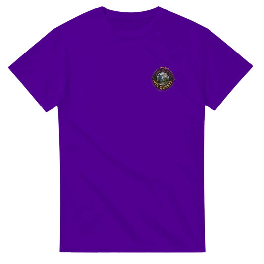 Purple unisex t-shirt with small mountain badge logo and outdoor adventure patch on chest