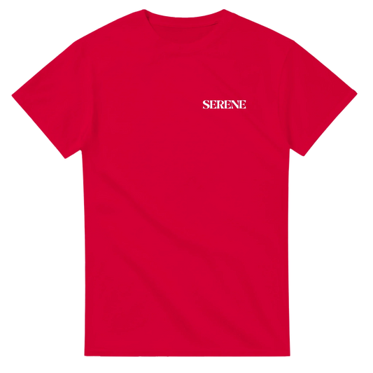 Red unisex t-shirt with white 'SERENE' text on chest, minimalist streetwear style