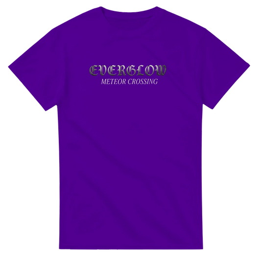 Purple unisex streetwear t-shirt with 'EVERGLOW METEOR CROSSING' text graphic on front.