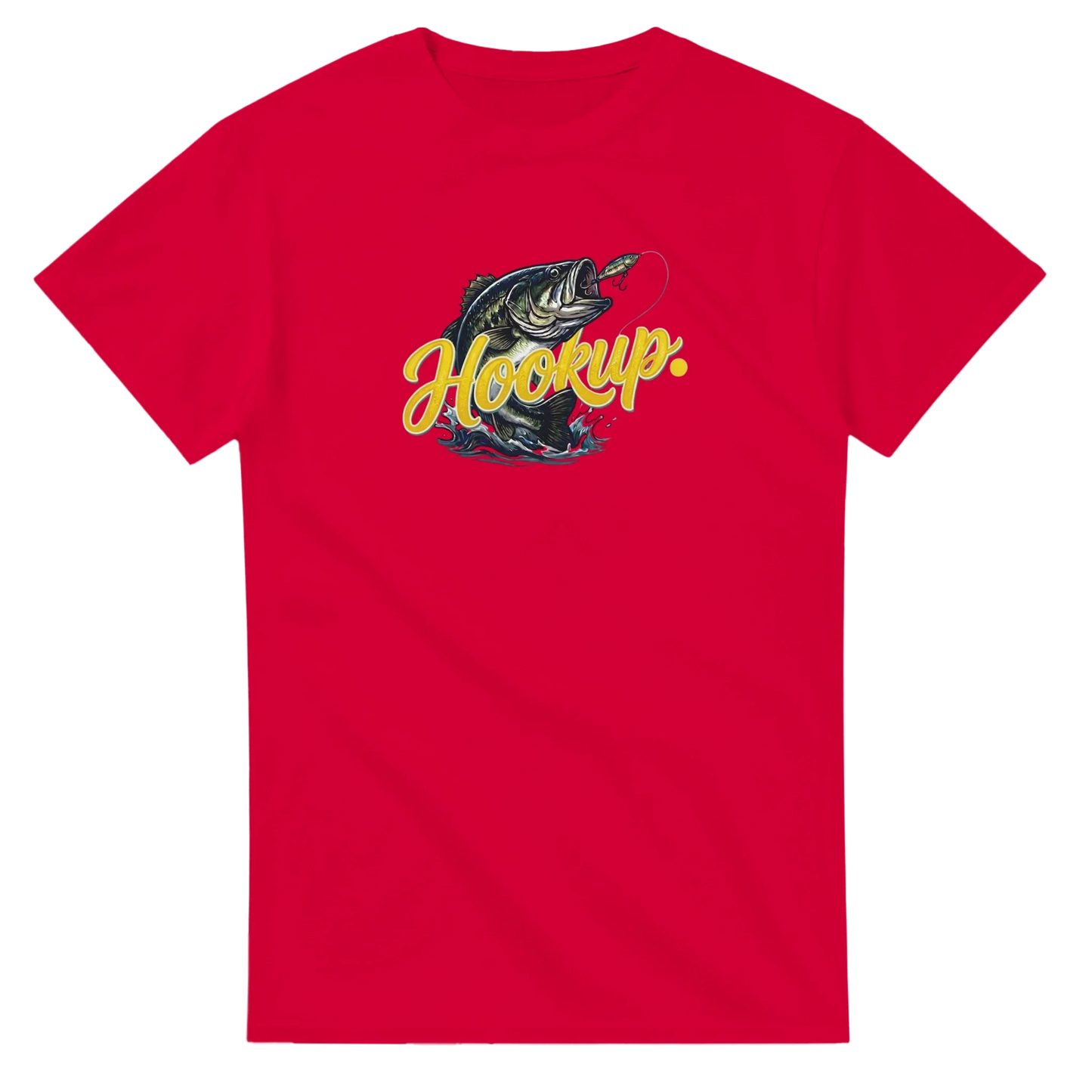 Red unisex t-shirt with fishing bass and 'Hookup' graphic, nature streetwear design