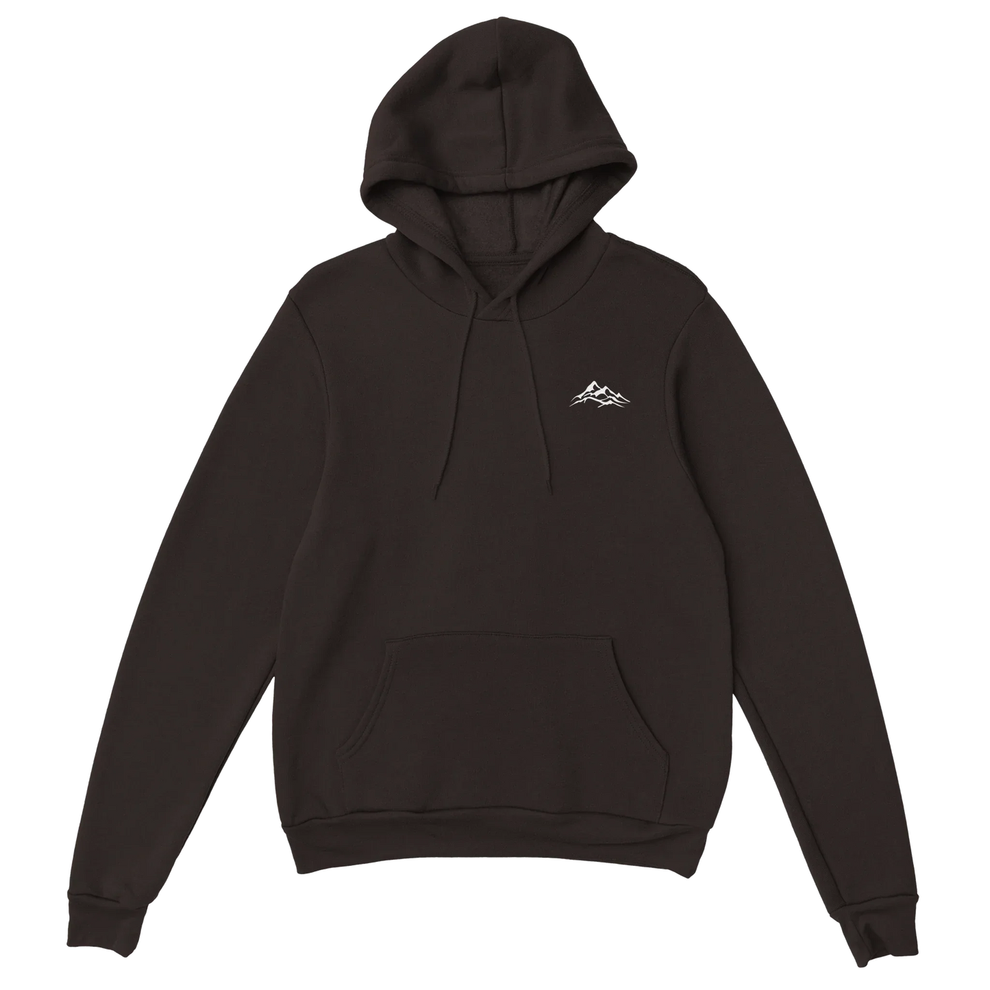 Black unisex hoodie with white mountain graphic and front pocket, streetwear style