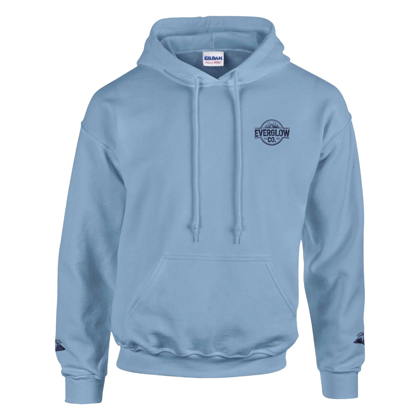 Light blue unisex hoodie with small mountain and sun nature graphic on chest and sleeve