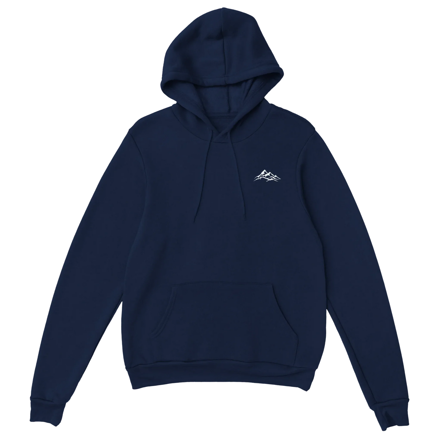 Navy blue unisex hoodie with white mountain graphic, streetwear, outdoor-inspired design