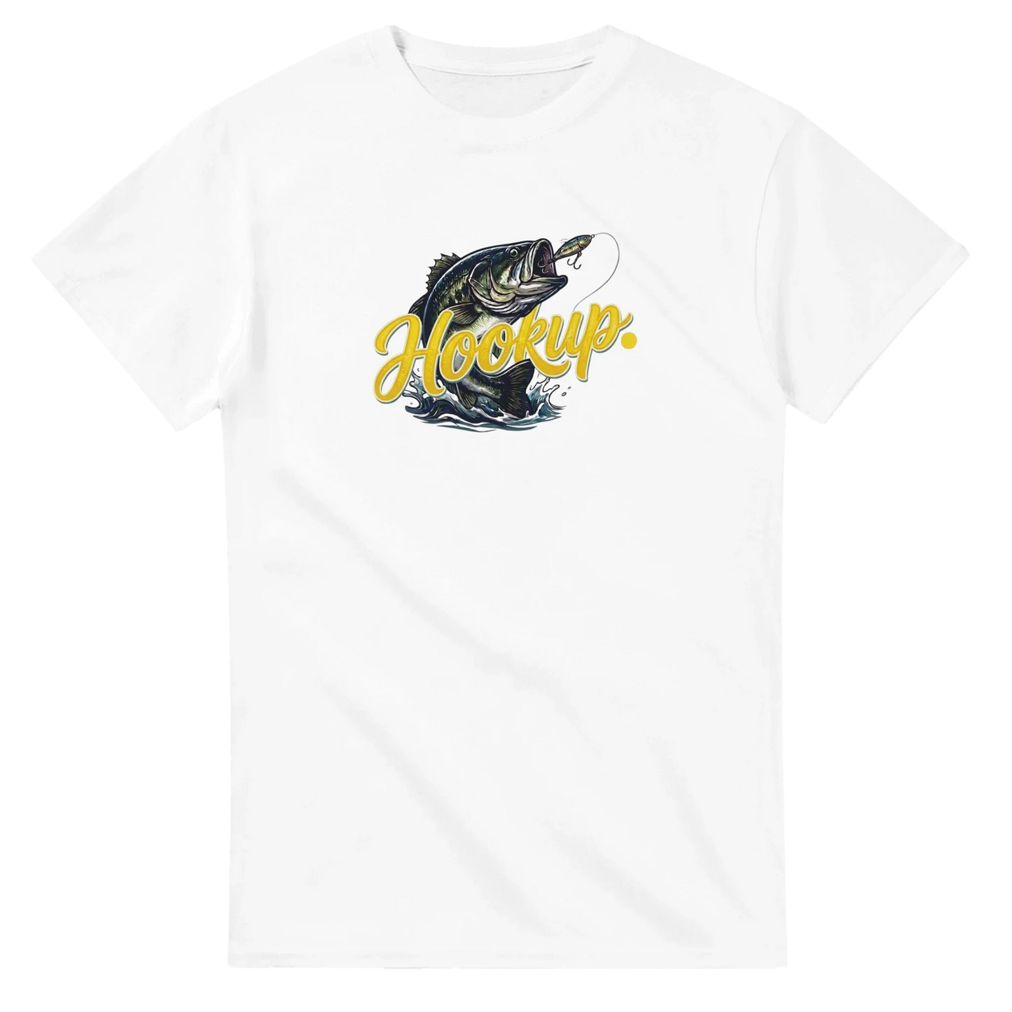 White unisex streetwear t-shirt with graphic of a bass fish, lure, and yellow Hookup text