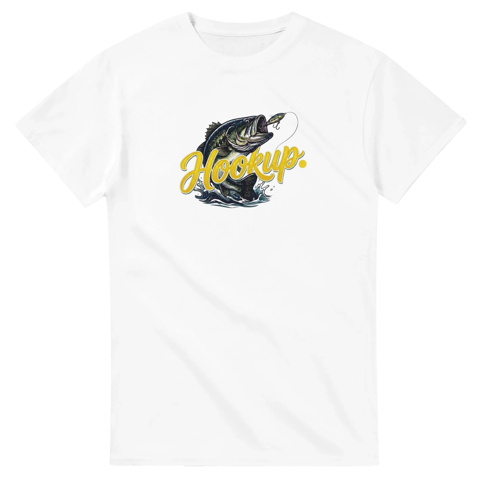 White unisex streetwear t-shirt with graphic of a bass fish, lure, and yellow Hookup text