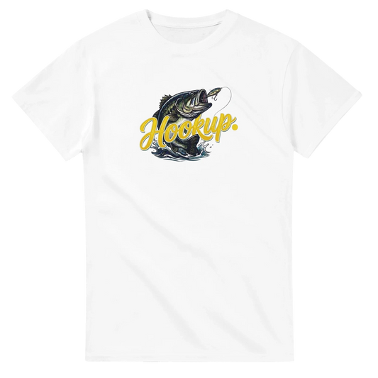 White unisex streetwear t-shirt with graphic of a bass fish, lure, and yellow Hookup text