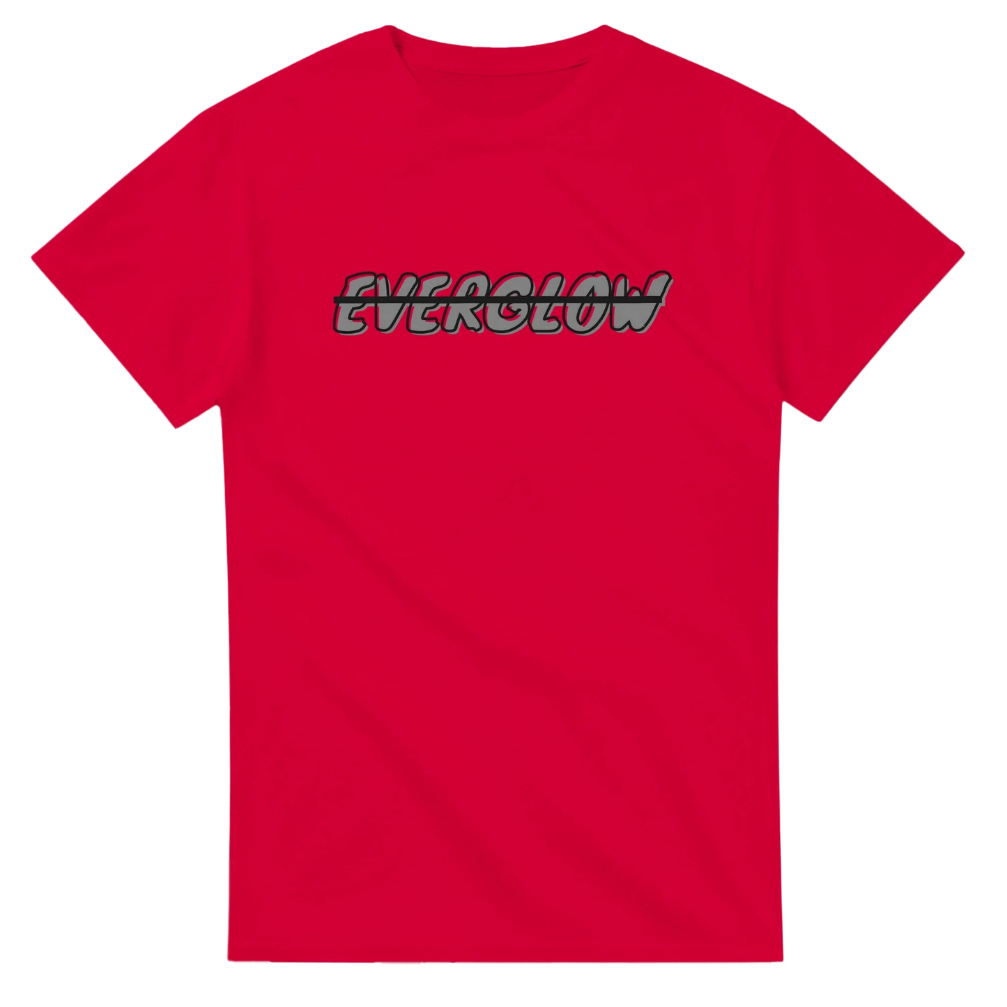 Red unisex streetwear t-shirt with EVERGLOW graphic text on front