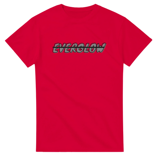 Red unisex streetwear t-shirt with EVERGLOW graphic text on front