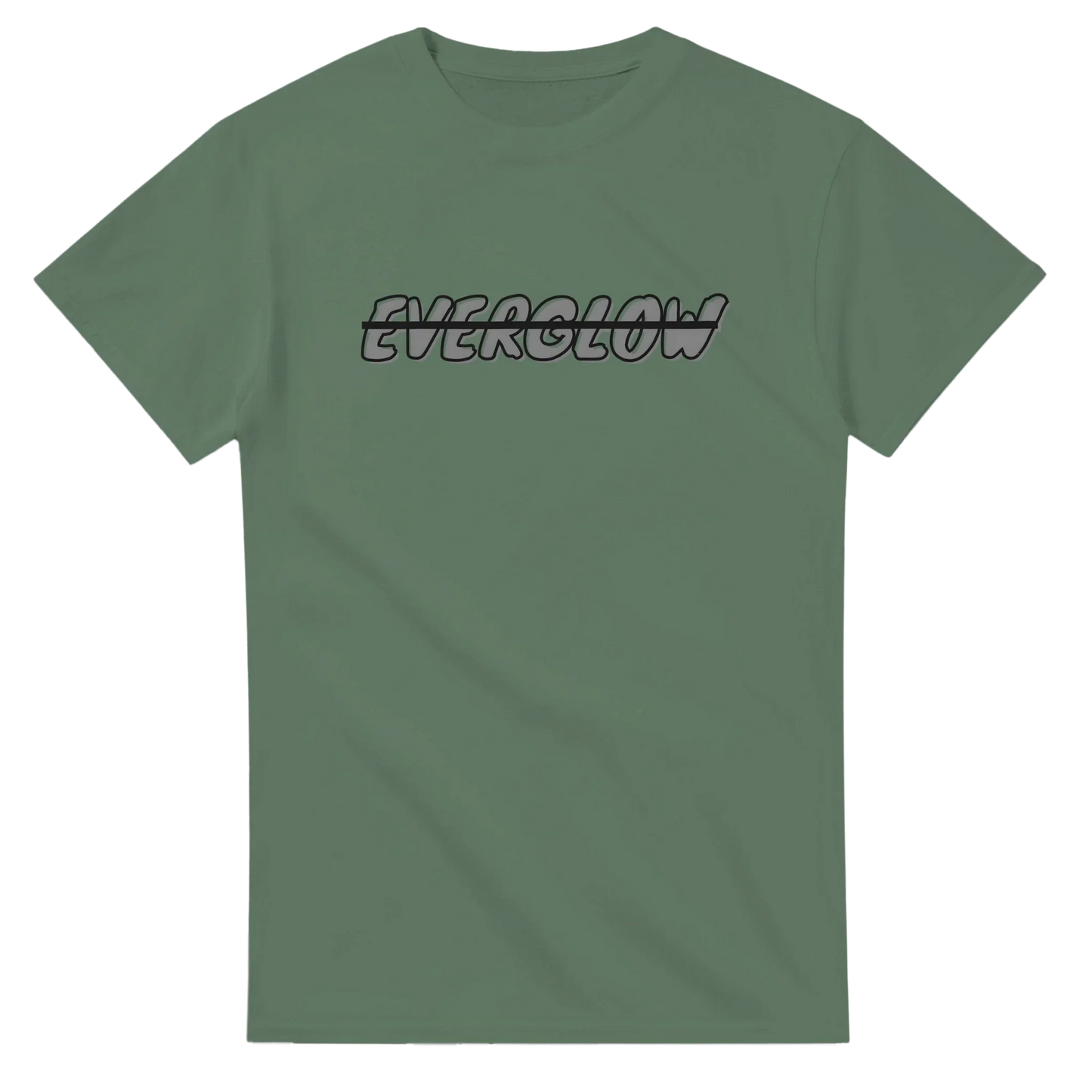 Olive green unisex streetwear t-shirt with bold EVERGLOW text graphic on front