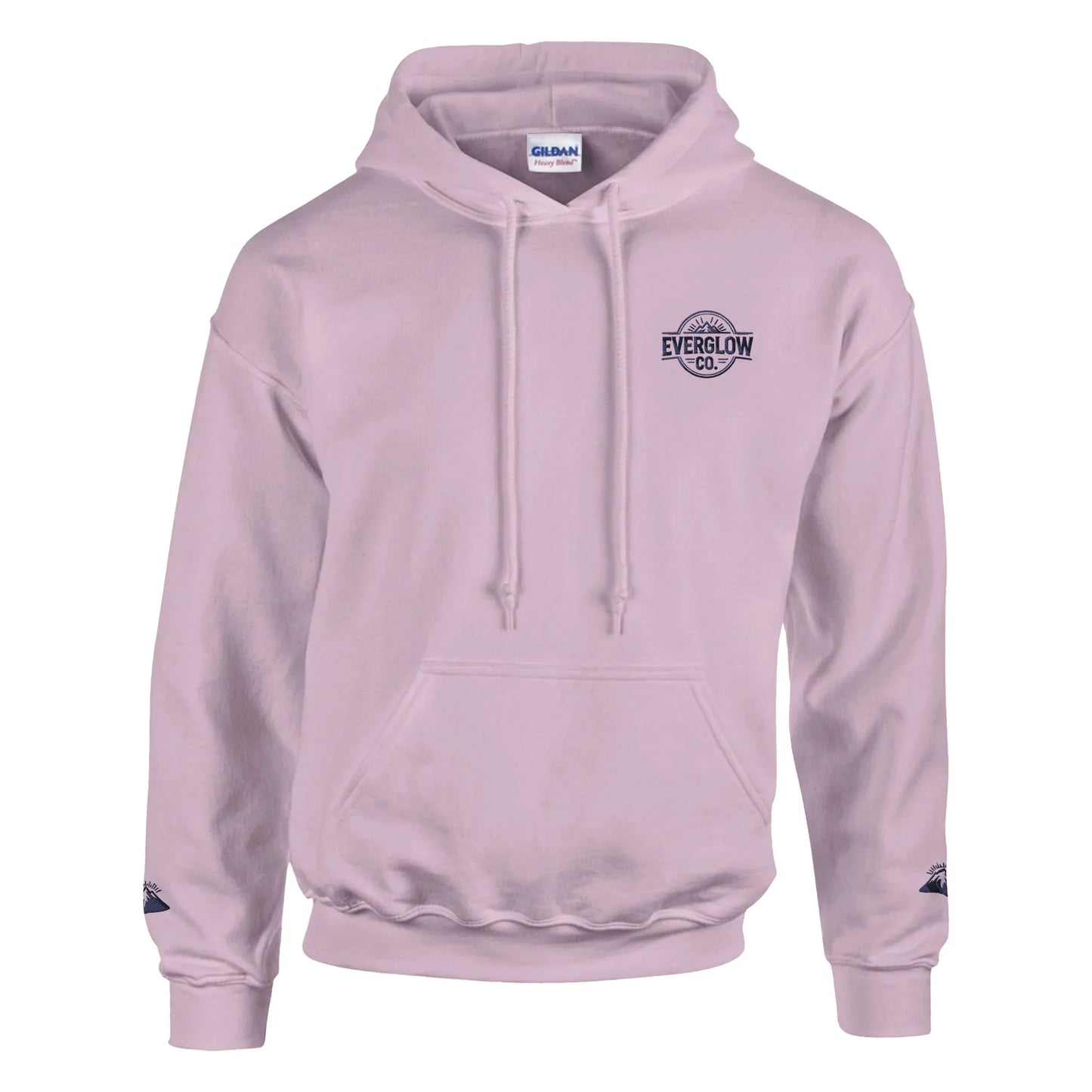 Light pink unisex hoodie with front Everglow Co. logo, outdoor inspired streetwear