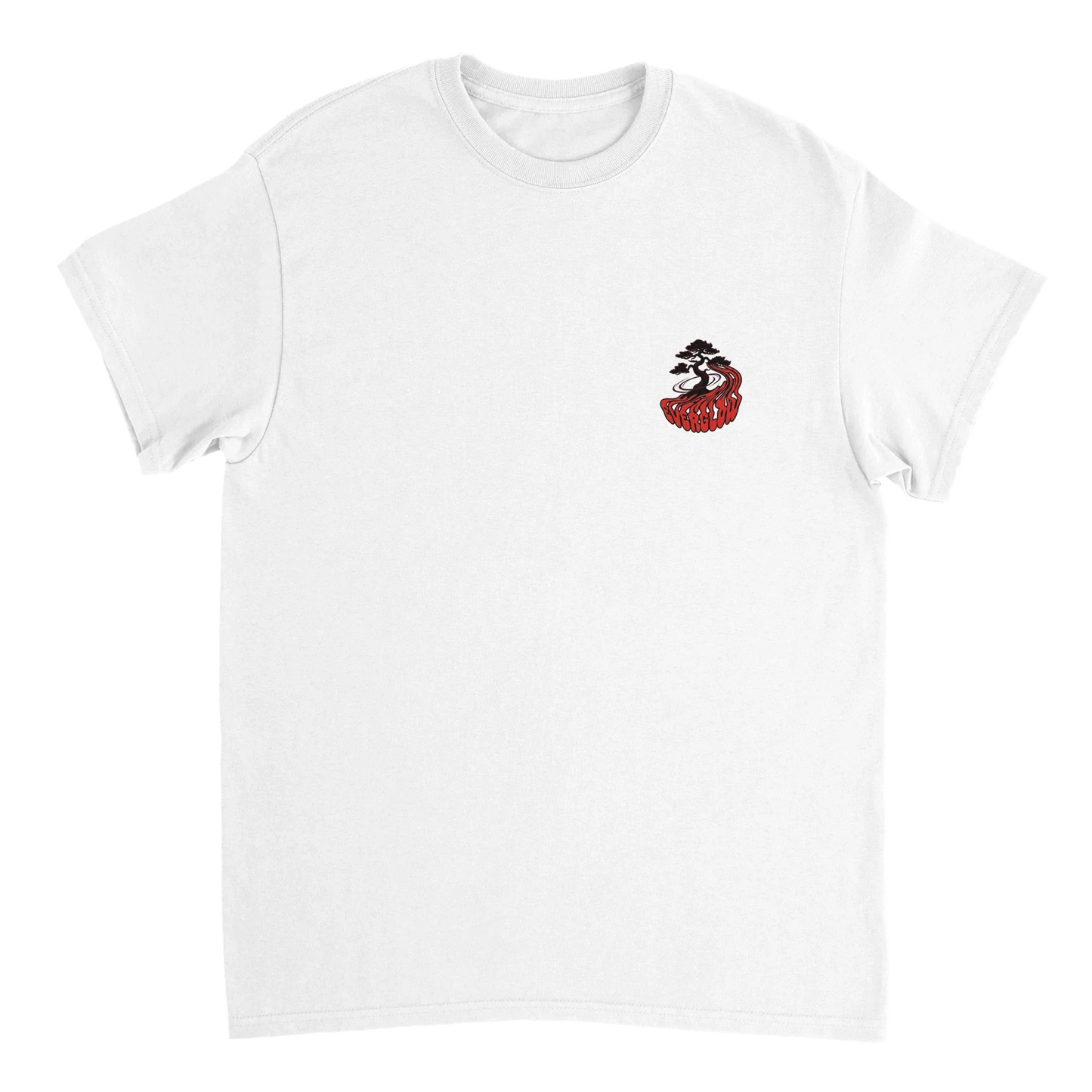 White unisex t-shirt with small bonsai tree and red mountain graphic on chest