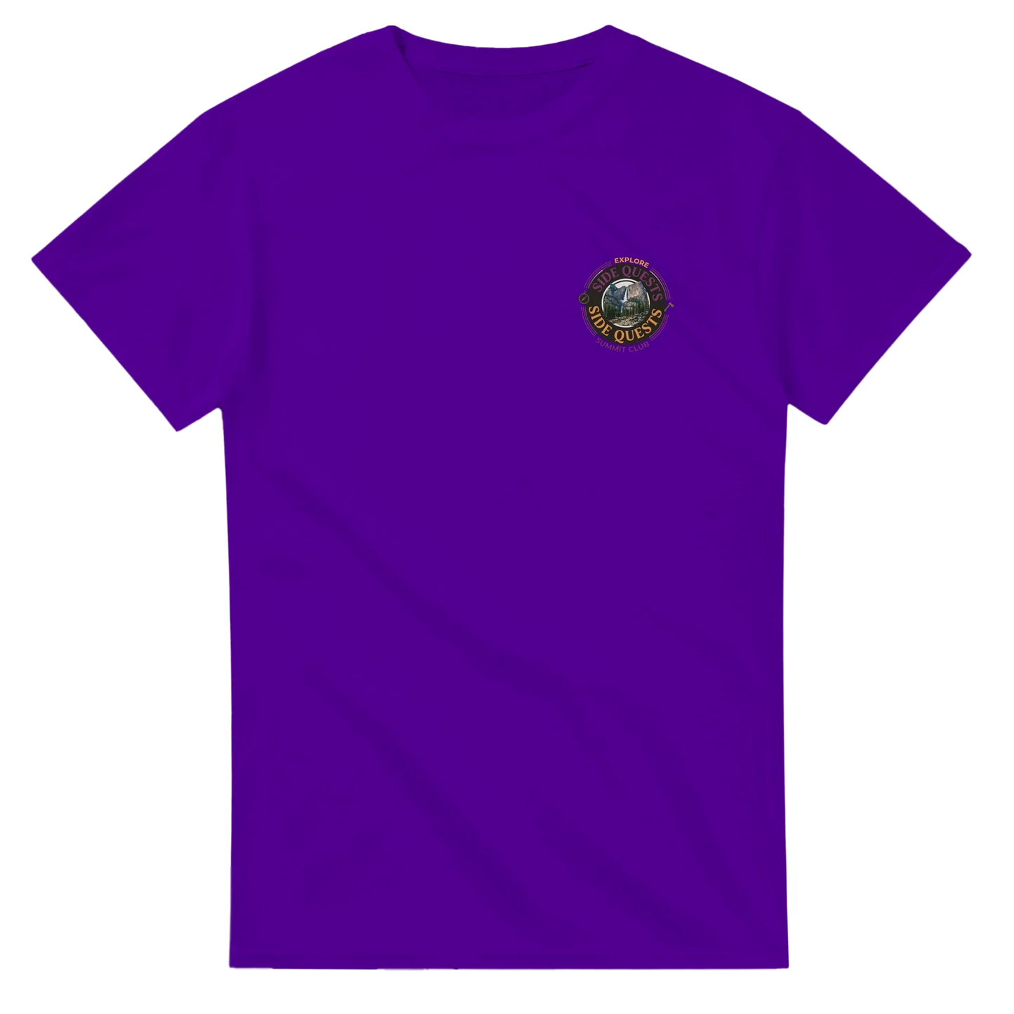 Purple unisex t-shirt with small mountain badge logo and outdoor adventure patch on chest
