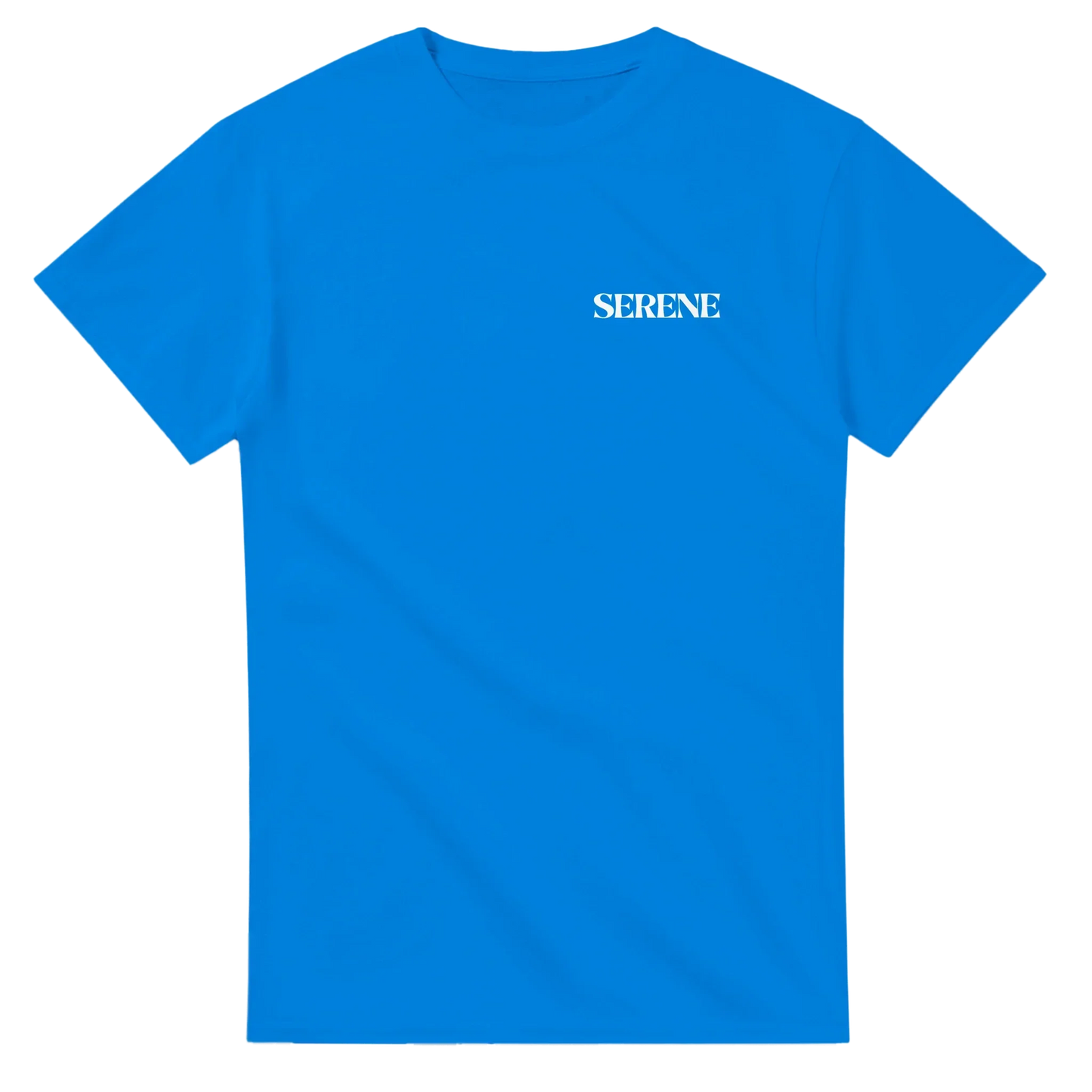 Blue unisex streetwear t-shirt with white SERENE text on chest, minimalist outdoor style