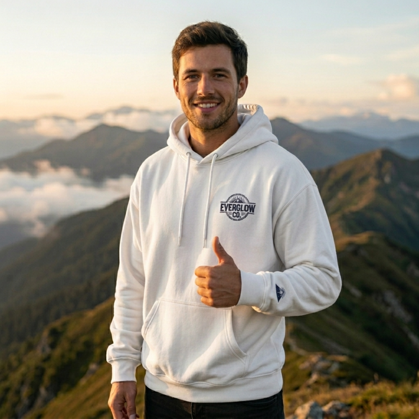 A man wears the Nightfall Summit – Embroidered hoodie on a mountain trail at sunset, giving a thumbs up and smiling. Forested peaks and clouds form the backdrop, emphasizing his relaxed unisex style beneath the vibrant sky.