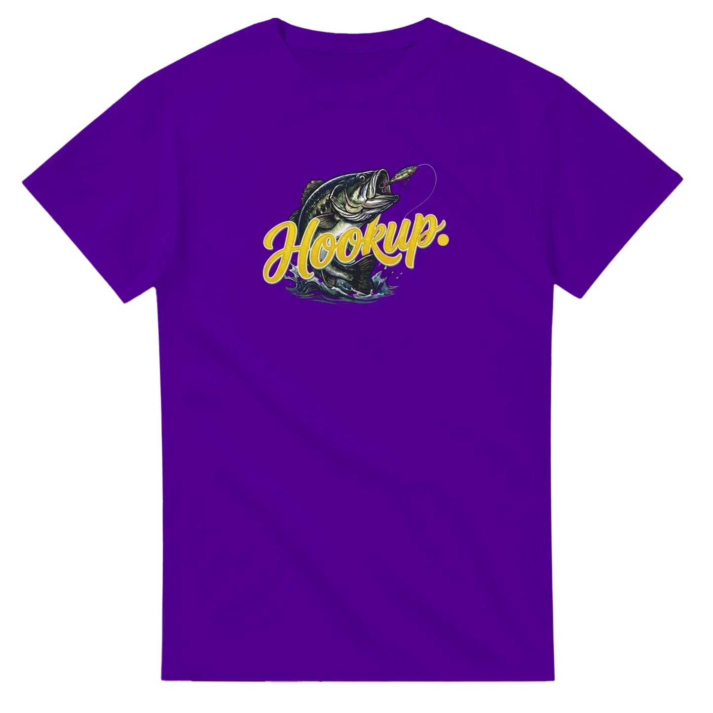 Purple unisex t-shirt with fishing graphic and yellow 'Hookup.' text, bass fish design