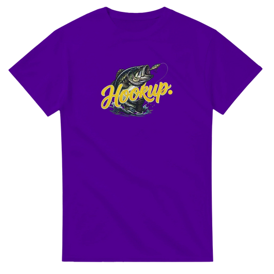 Purple unisex t-shirt with fishing graphic and yellow 'Hookup.' text, bass fish design