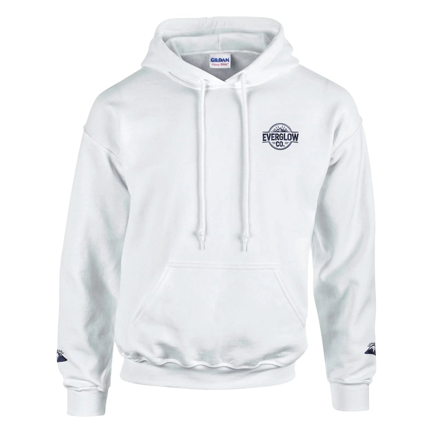 White unisex hoodie with mountain and forest graphic, front logo, outdoor streetwear style