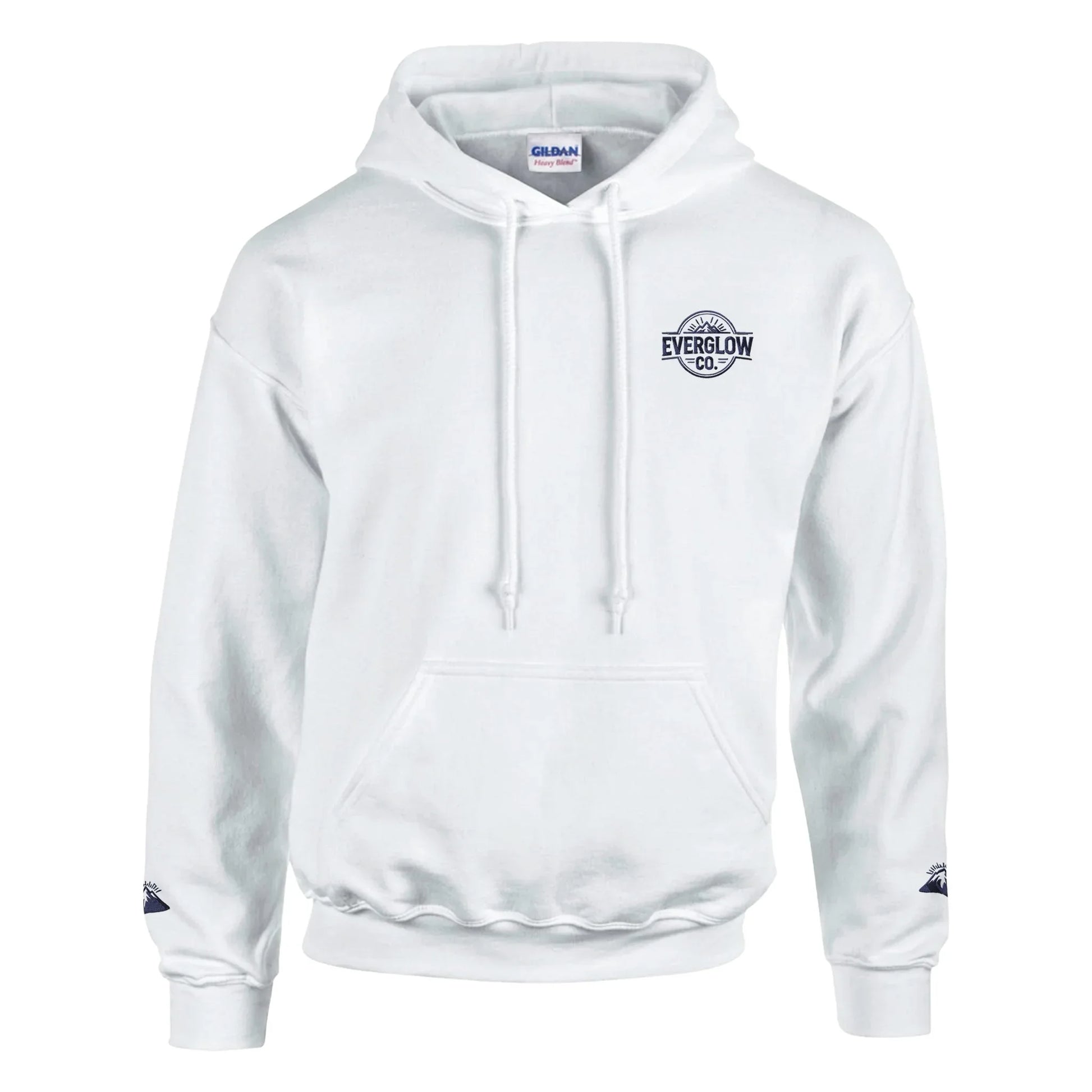 White unisex hoodie with mountain and forest graphic, front logo, outdoor streetwear style
