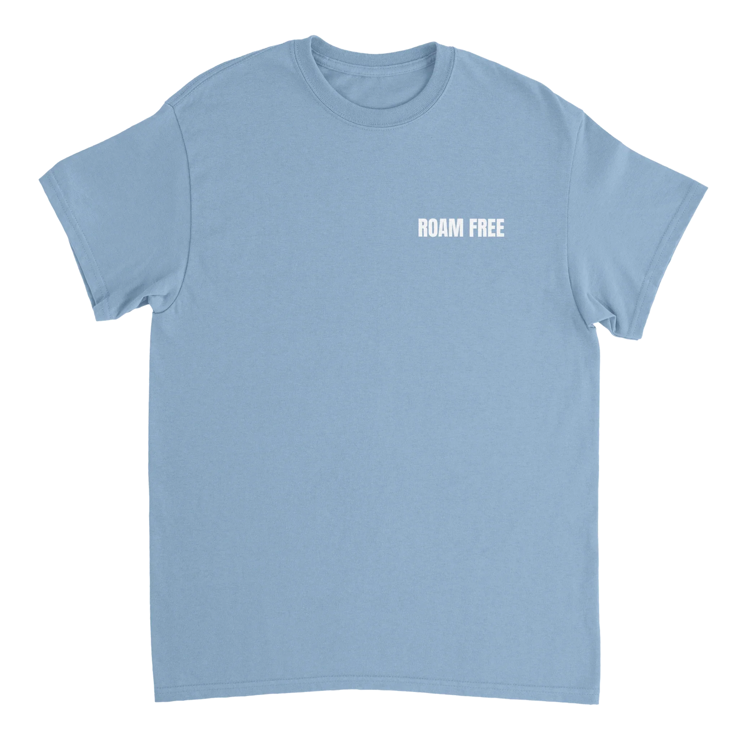 Light blue unisex t-shirt with 'ROAM FREE' outdoor graphic text on chest