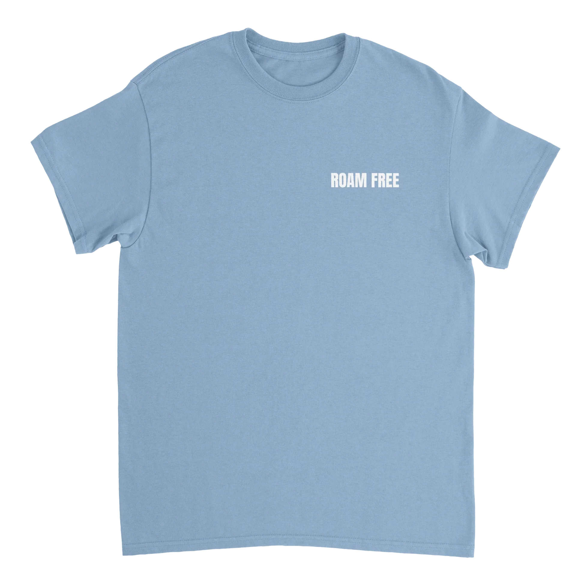 Light blue unisex t-shirt with 'ROAM FREE' outdoor graphic text on chest