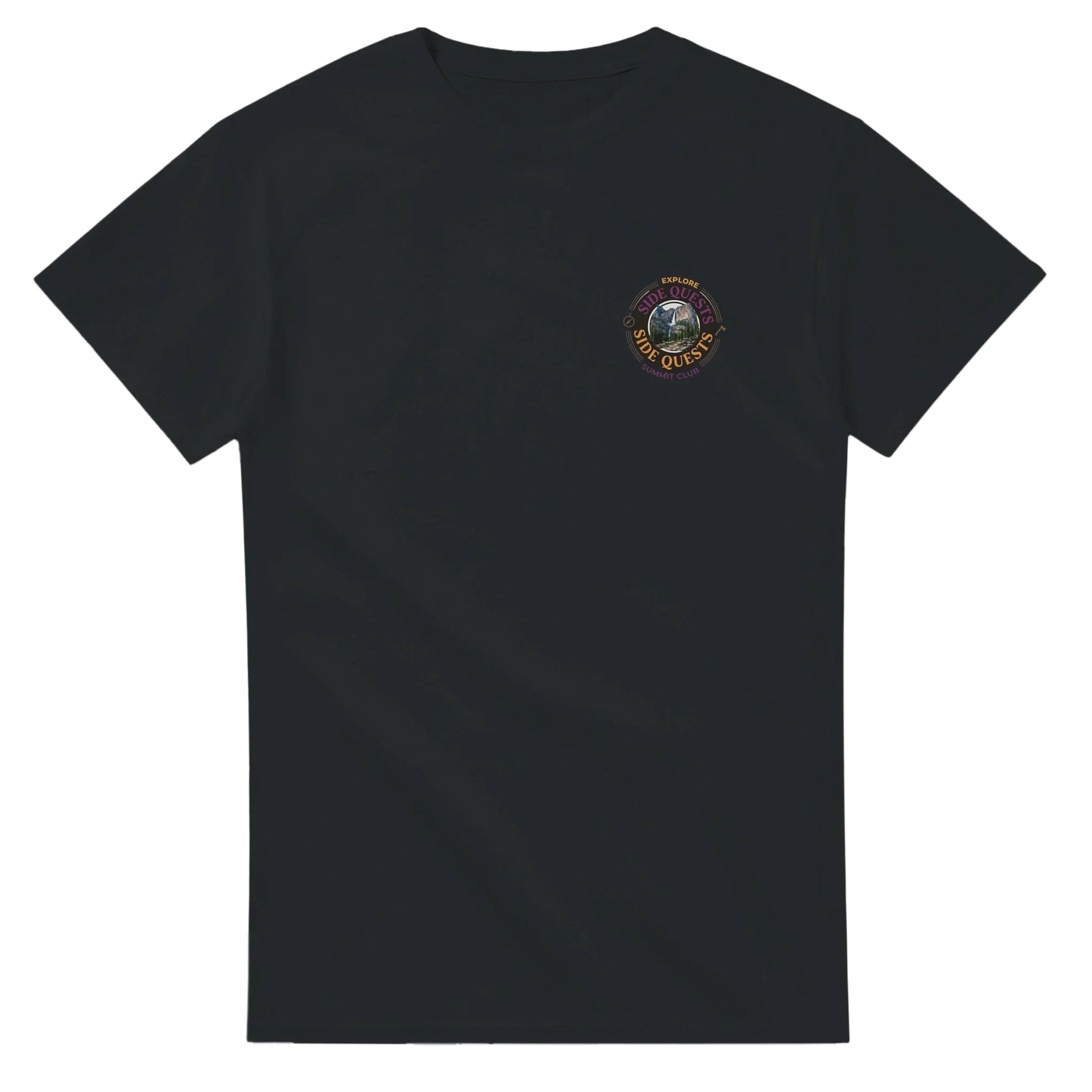 Black unisex t-shirt with small mountain and nature patch graphic on chest