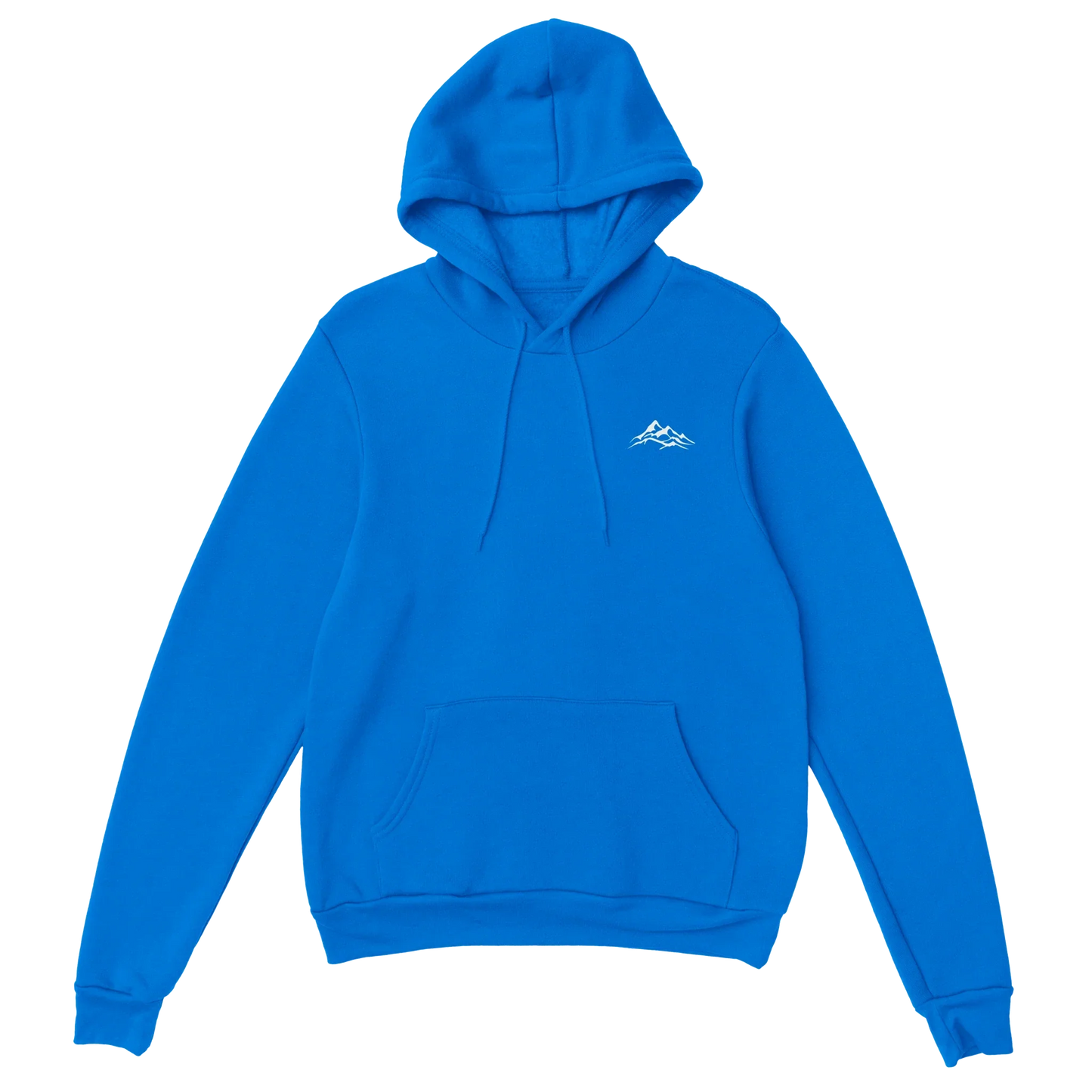 Blue unisex hoodie with white mountain graphic, streetwear nature-inspired design