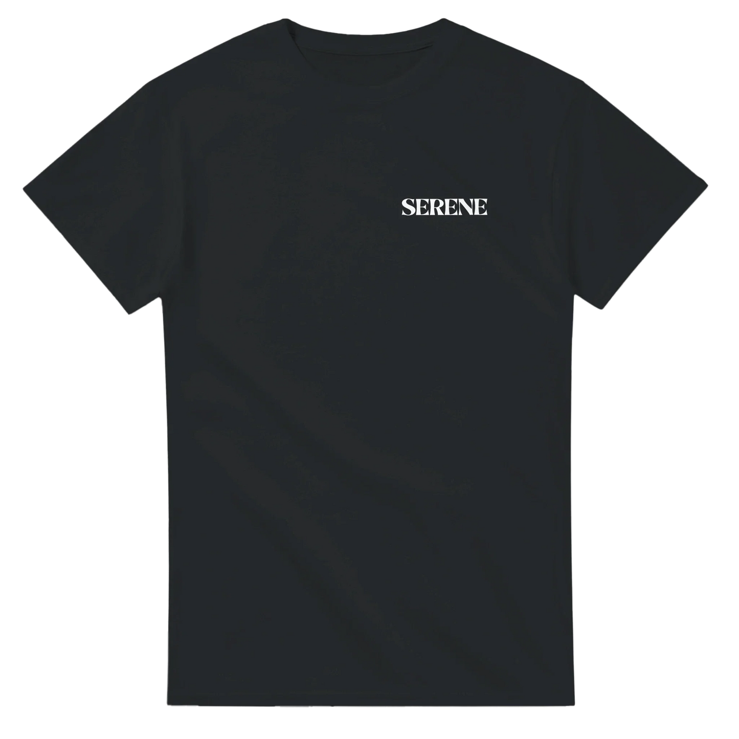 Black unisex streetwear t-shirt with white 'SERENE' text on chest