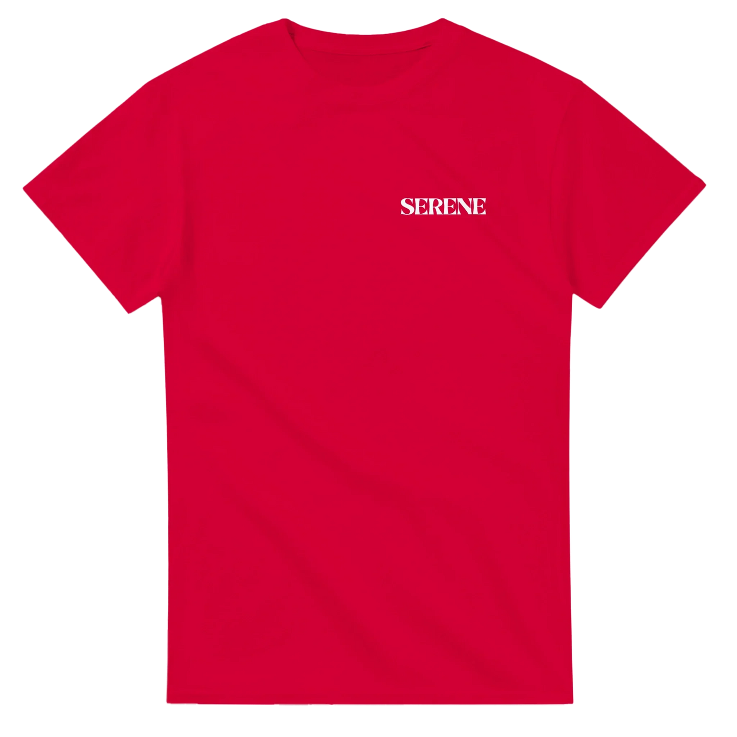 Red unisex t-shirt with white 'SERENE' text on chest, minimalist streetwear style