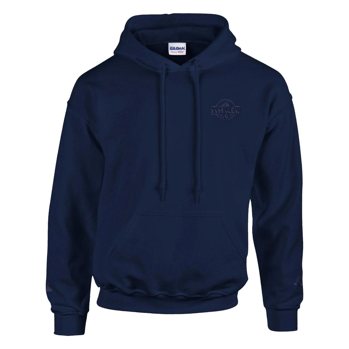 Navy blue unisex hoodie with subtle mountain and nature graphic on chest