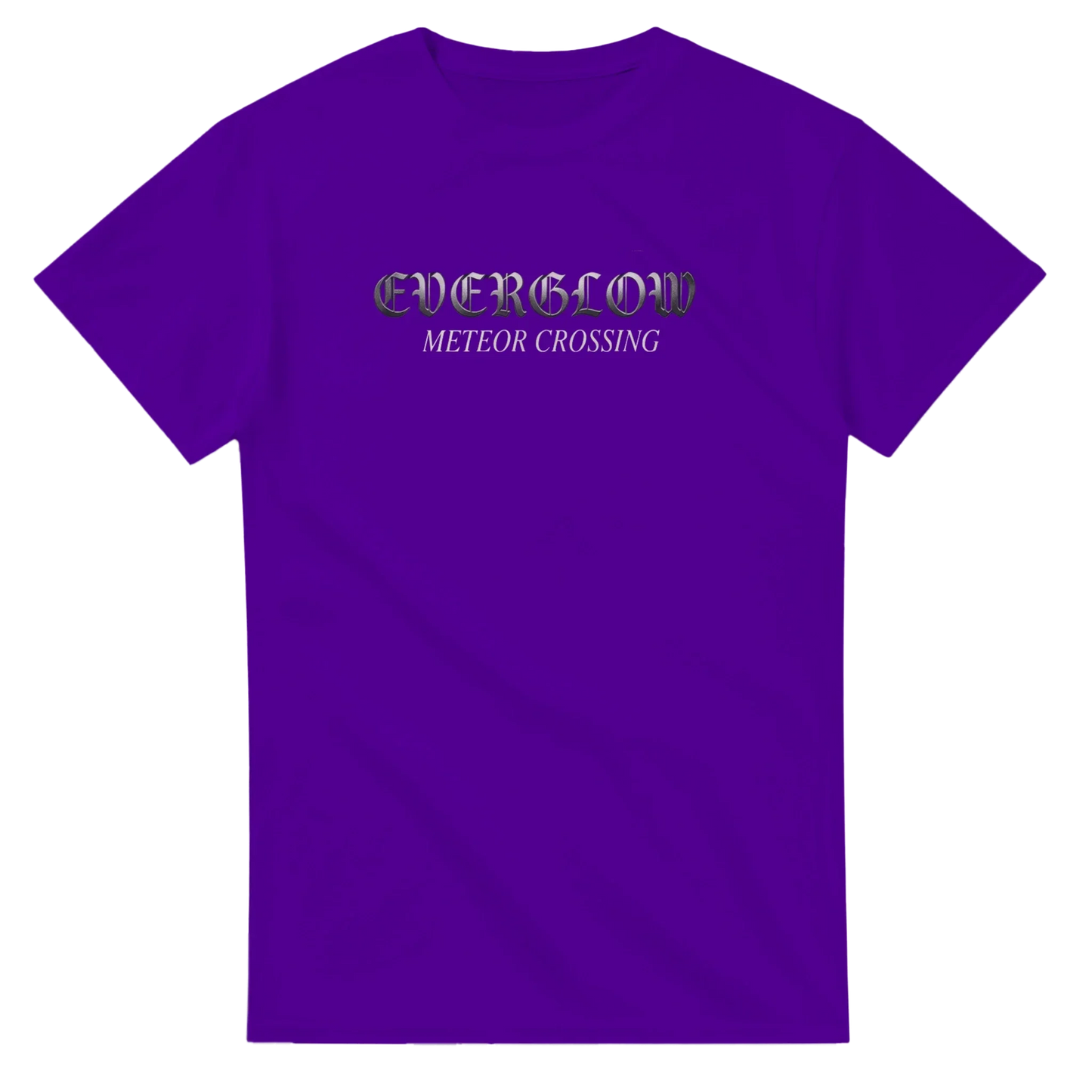 Purple unisex streetwear t-shirt with 'EVERGLOW METEOR CROSSING' text graphic on front.
