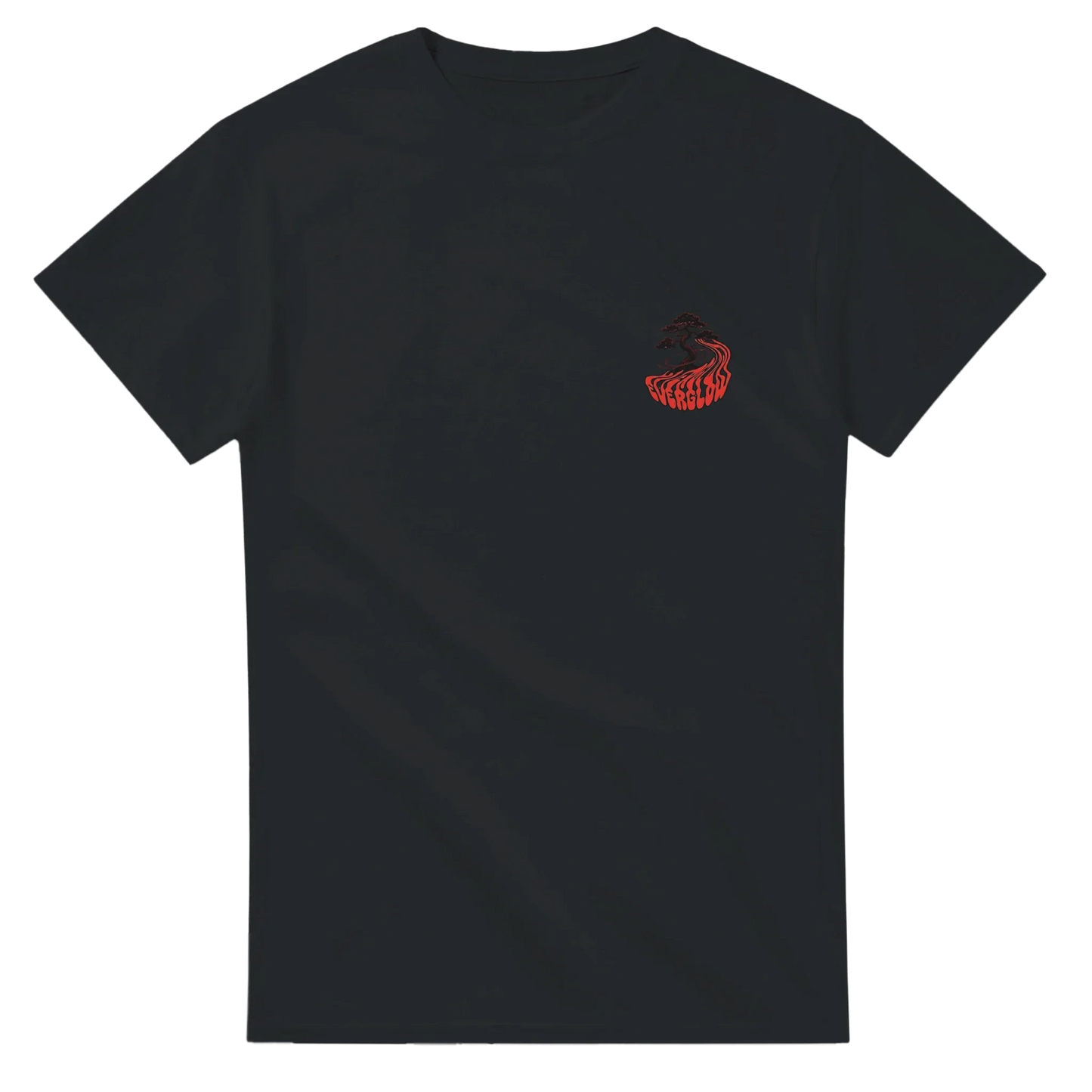 Black unisex t-shirt with small red mountain and forest graphic on chest