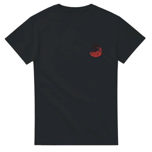 Black unisex t-shirt with small red mountain and forest graphic on chest