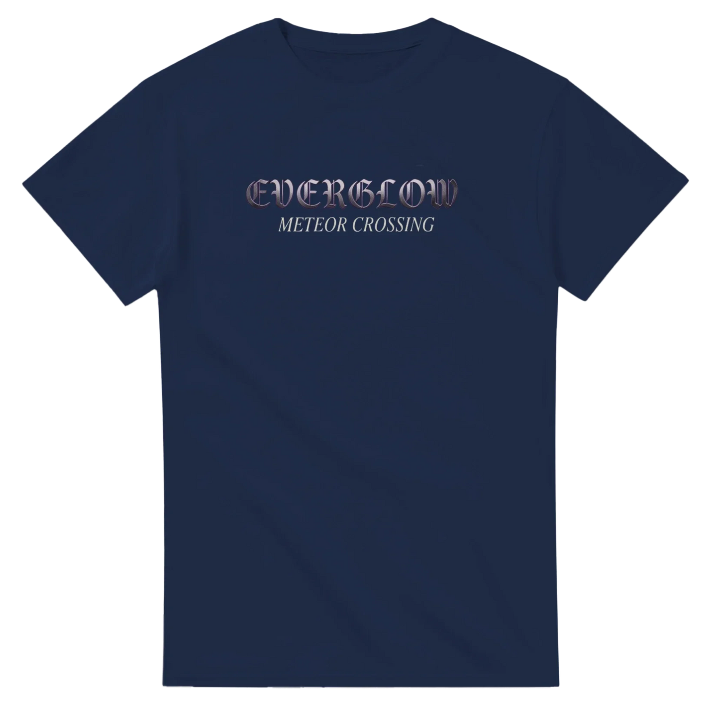 Navy blue unisex streetwear t-shirt with 'EVERGLOW METEOR CROSSING' graphic text