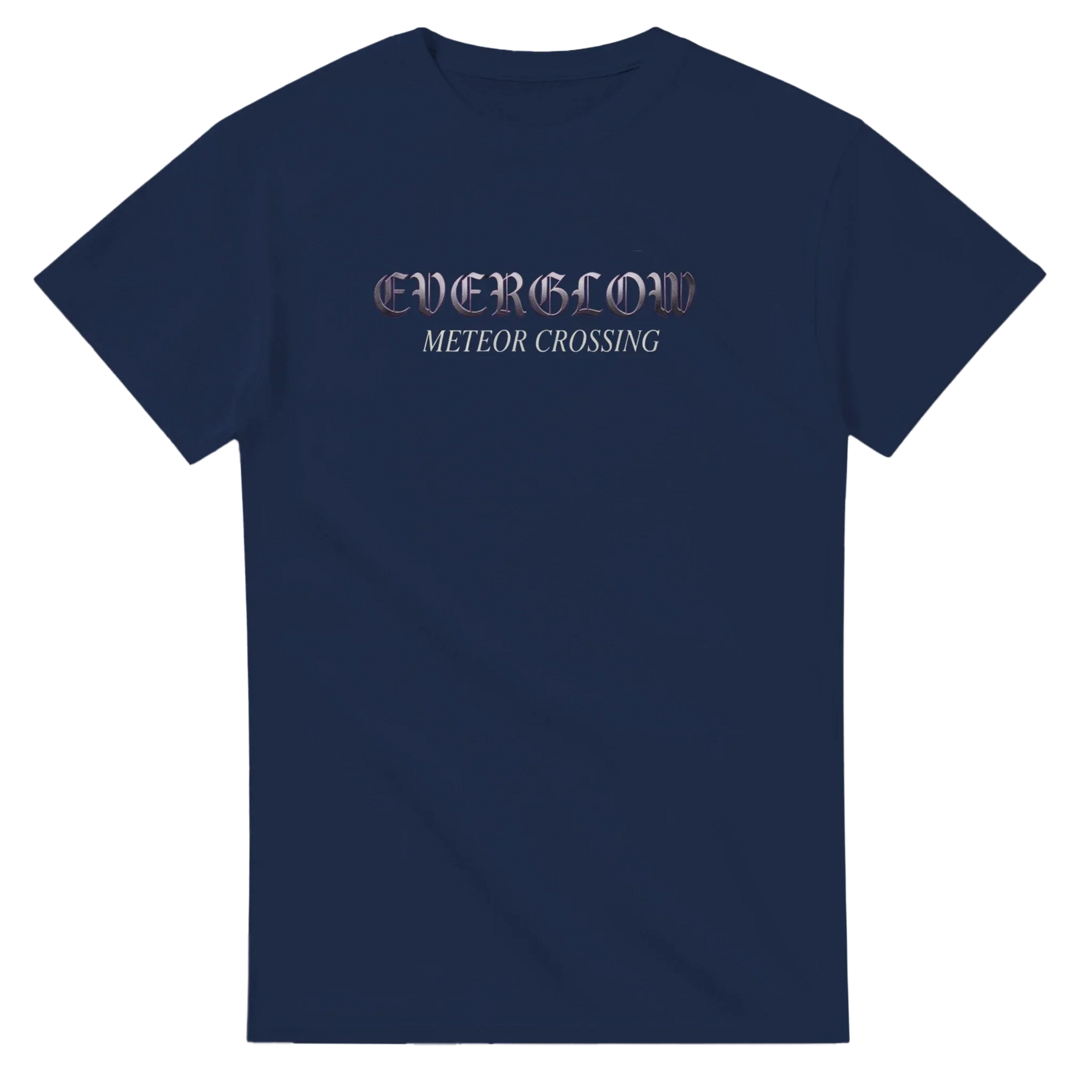 Navy blue unisex streetwear t-shirt with 'EVERGLOW METEOR CROSSING' graphic text