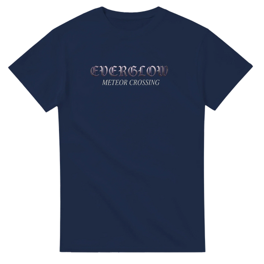 Navy blue unisex streetwear t-shirt with 'EVERGLOW METEOR CROSSING' graphic text