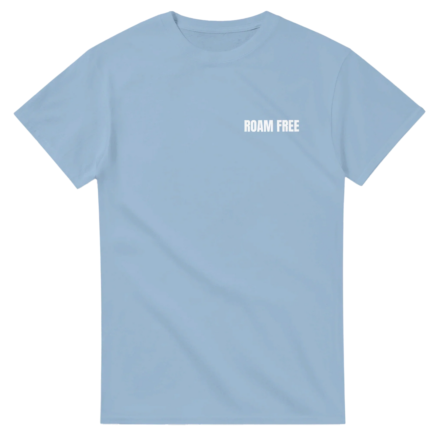 Light blue unisex t-shirt with 'ROAM FREE' white text on chest, outdoor streetwear style