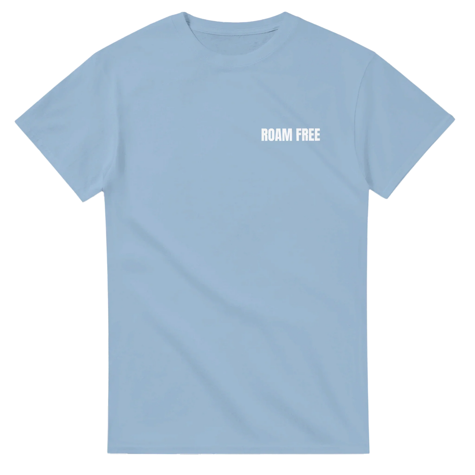 Light blue unisex t-shirt with 'ROAM FREE' white text on chest, outdoor streetwear style