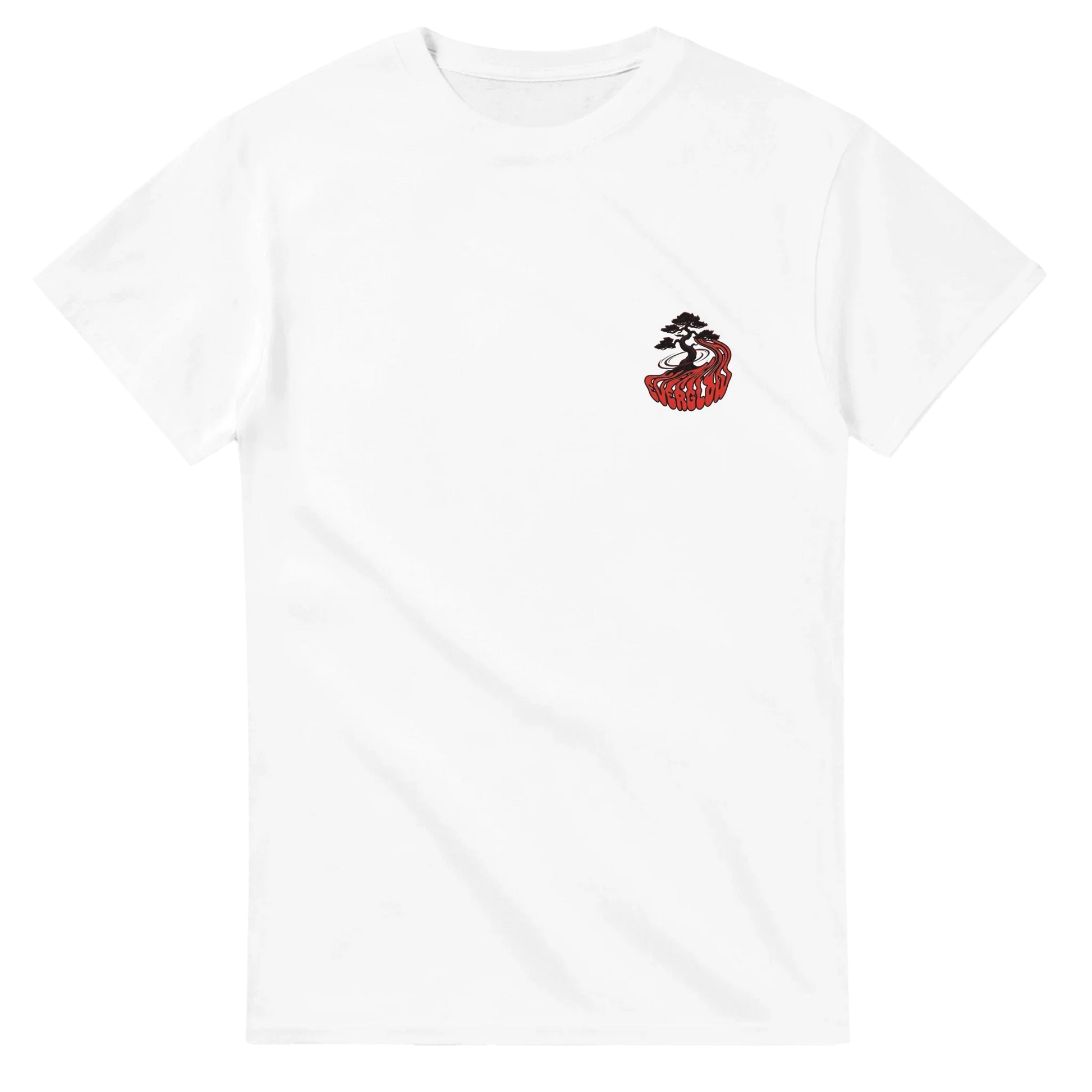 White unisex t-shirt with small red bonsai tree and mountain graphic on chest