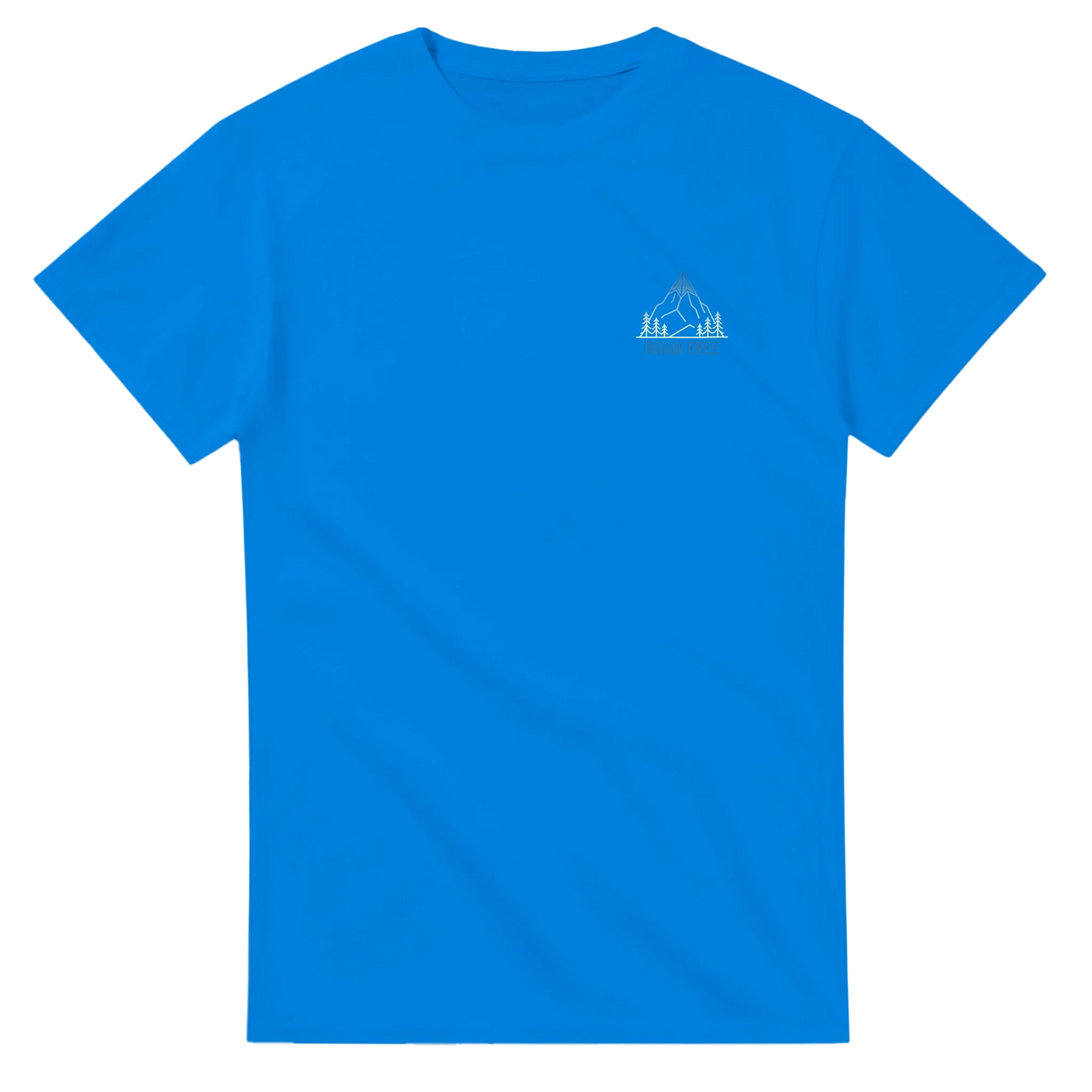 Blue unisex t-shirt with small white mountain and tree graphic on chest