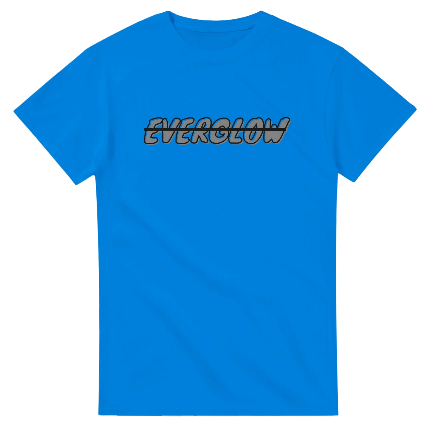 Bright blue unisex streetwear t-shirt with EVERGLOW text graphic on front.