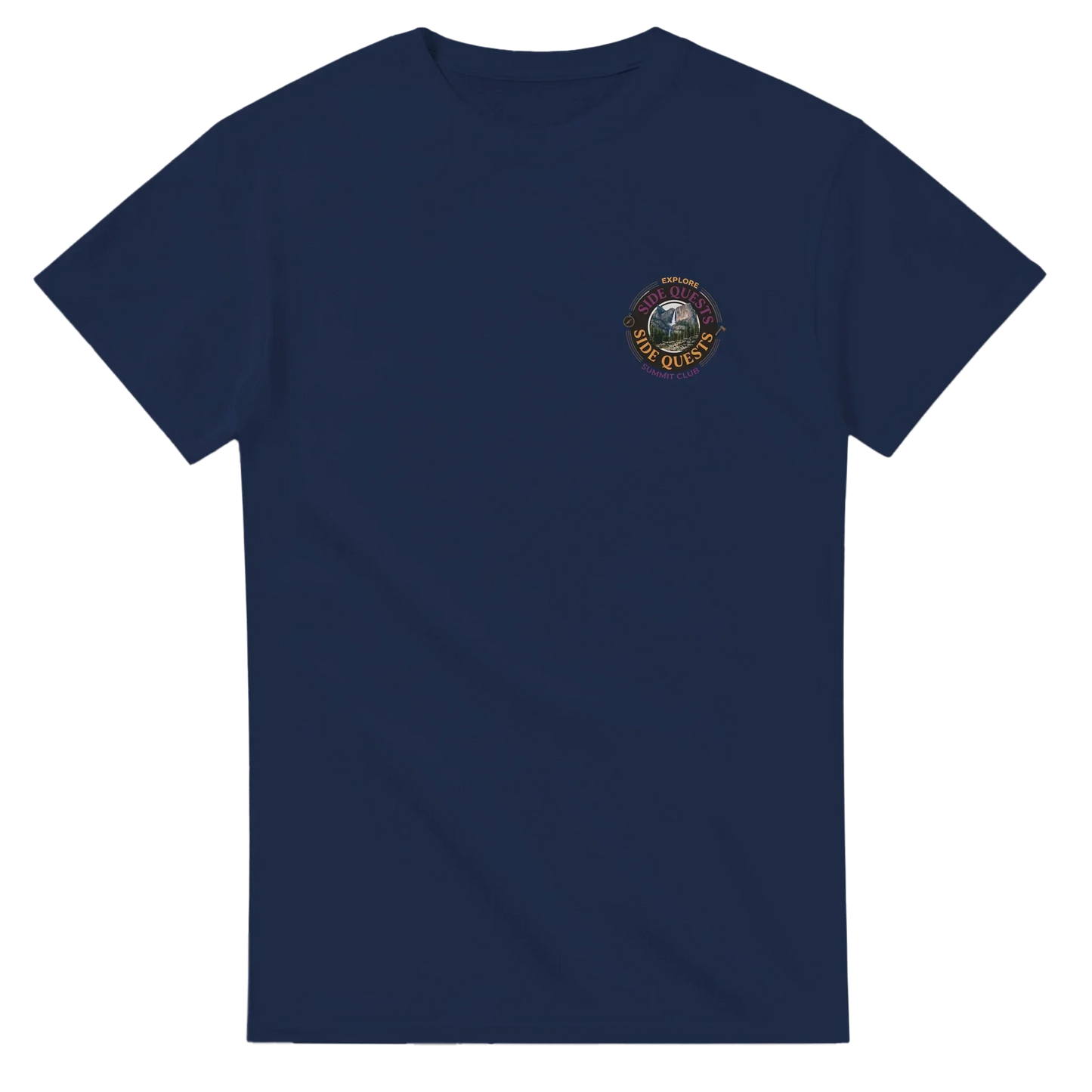 Navy blue unisex t-shirt with mountain and nature graphic chest emblem, streetwear style.