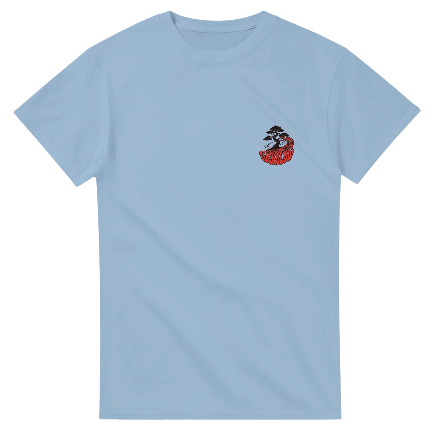 Light blue unisex t-shirt with small mountain and nature graphic on chest