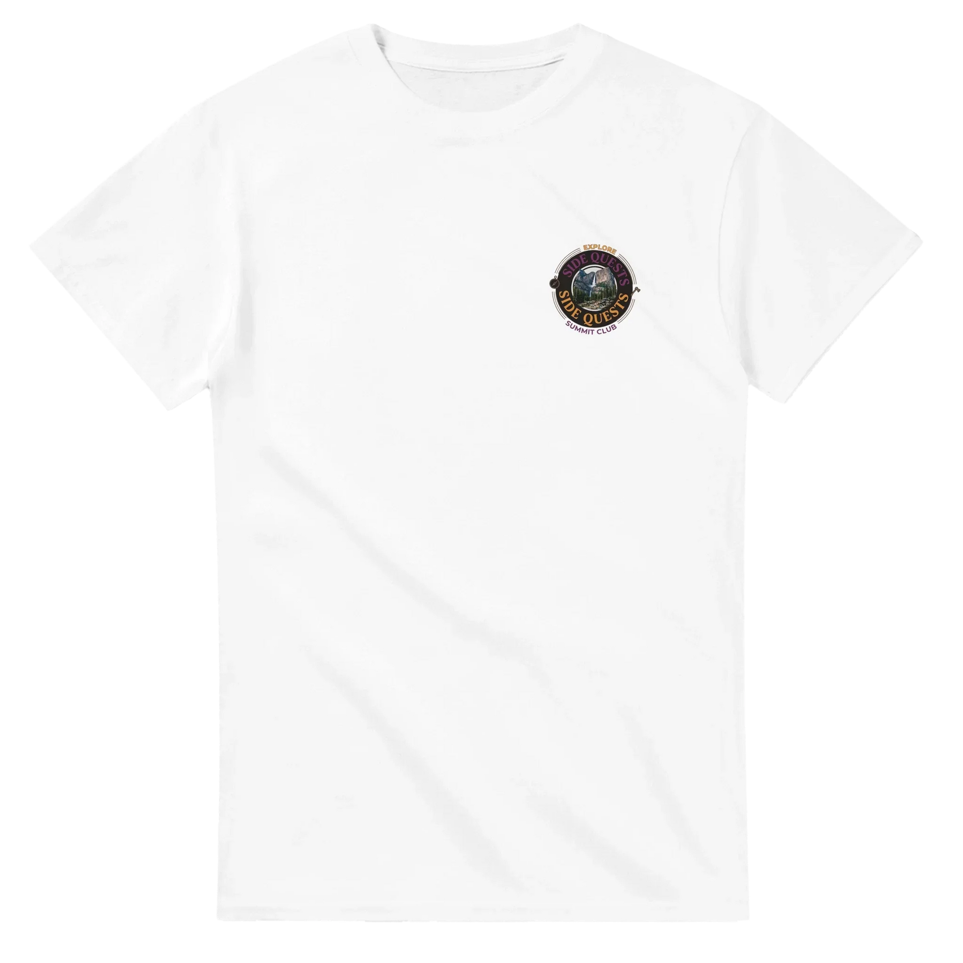 White unisex streetwear t-shirt with small mountain and nature patch graphic on chest