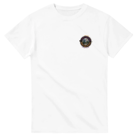 White unisex streetwear t-shirt with small mountain and nature patch graphic on chest