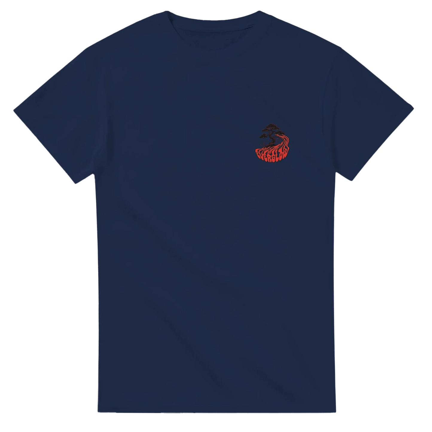 Navy blue unisex t-shirt with small red mountain and tree graphic on chest