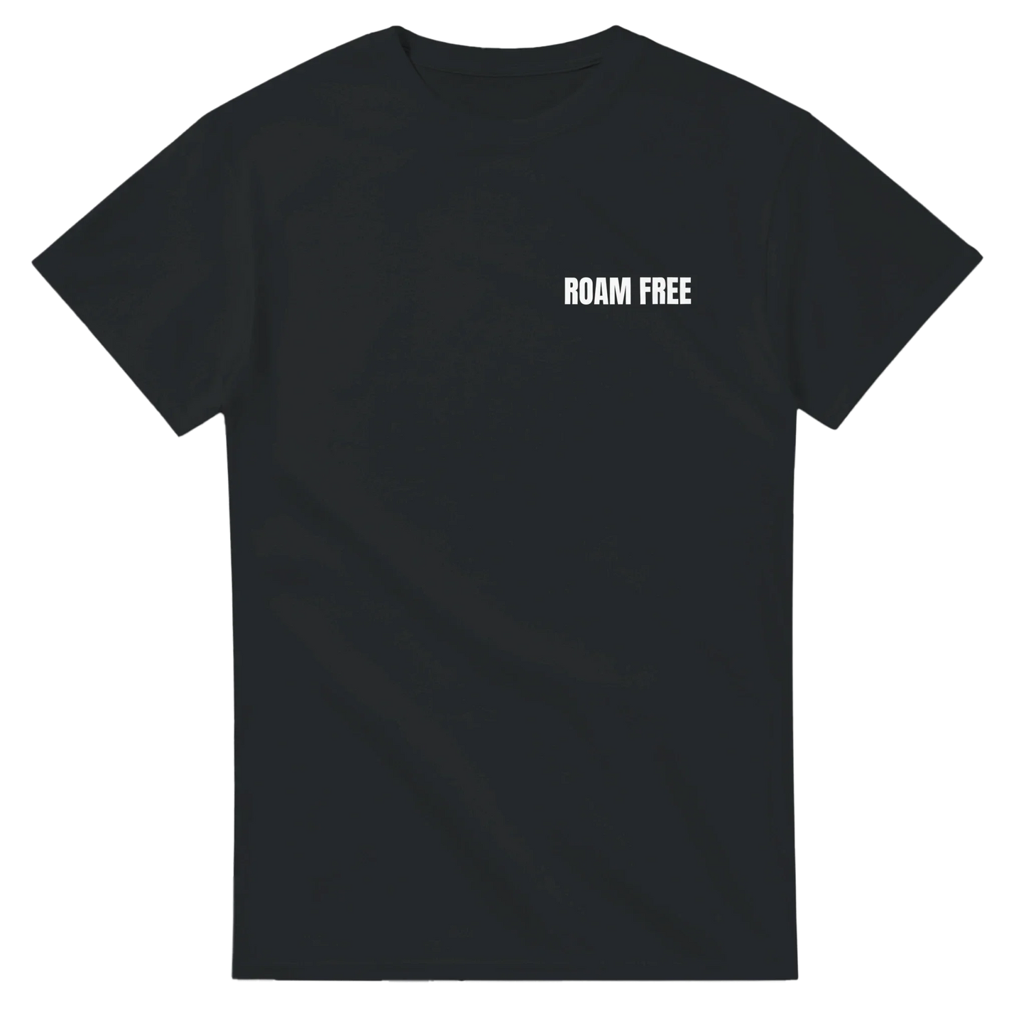 Black unisex t-shirt with white 'Roam Free' outdoor nature slogan on chest