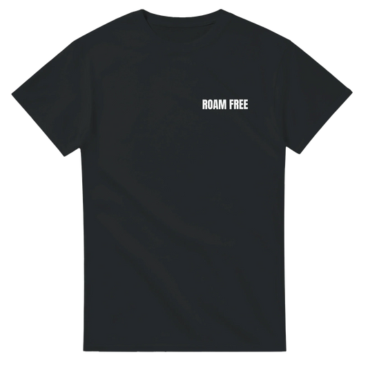 Black unisex t-shirt with white 'Roam Free' outdoor nature slogan on chest