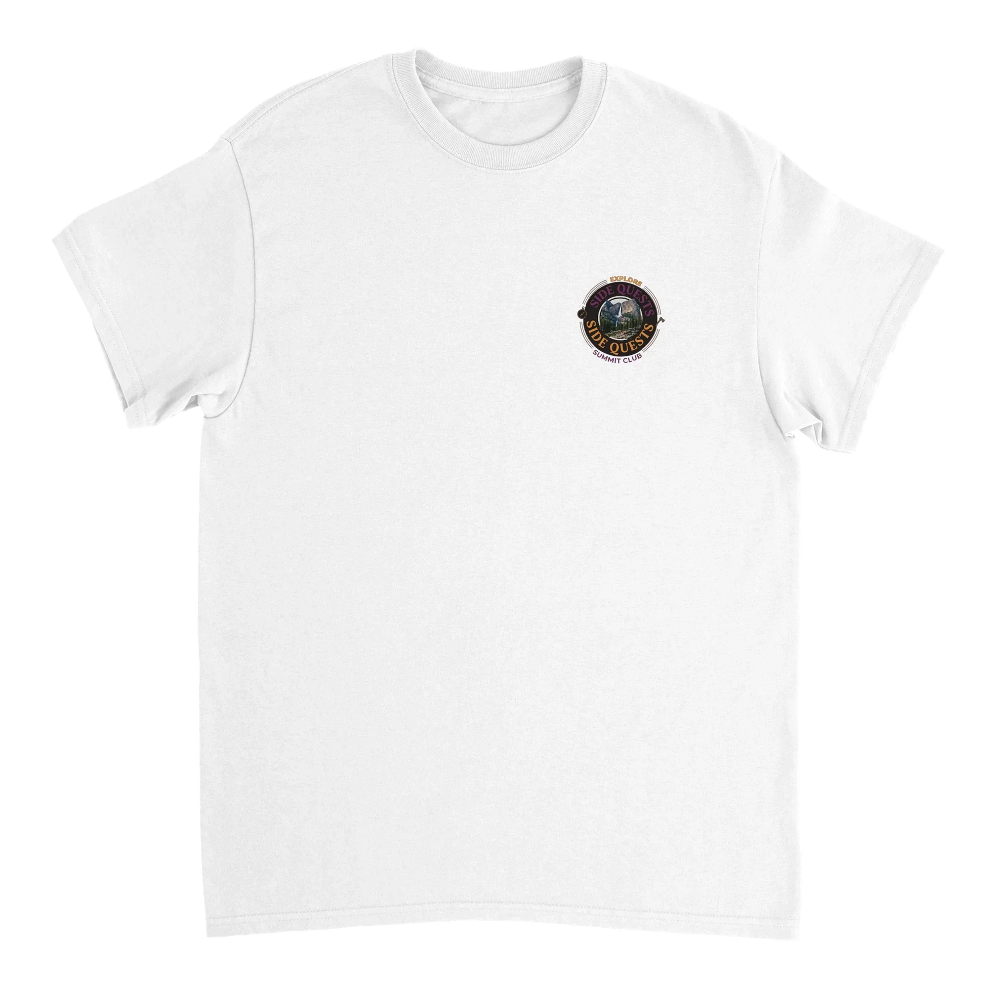 White unisex streetwear t-shirt with small summit club forest mountain graphic on chest