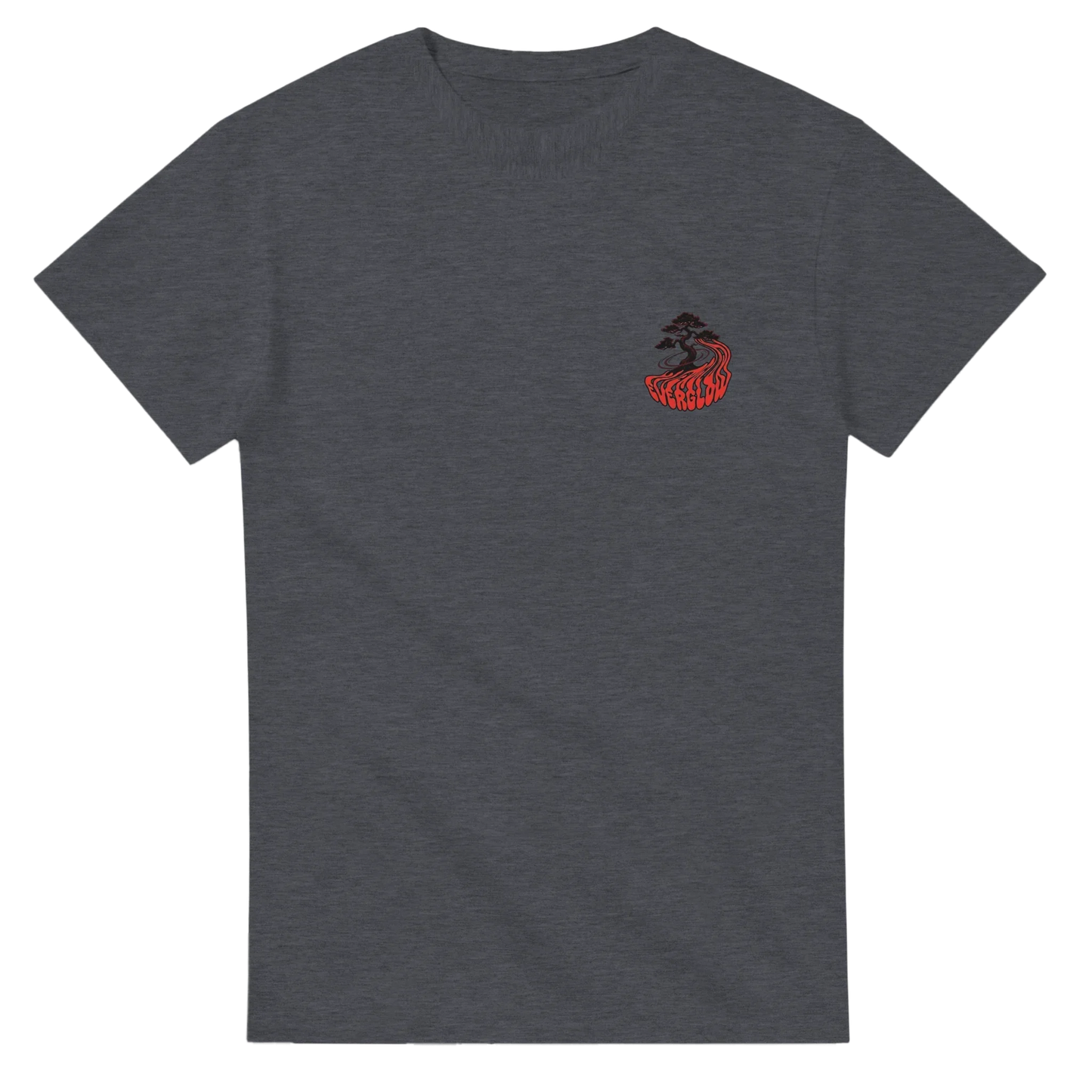 Dark gray unisex t-shirt with small red bonsai and nature graphic on chest