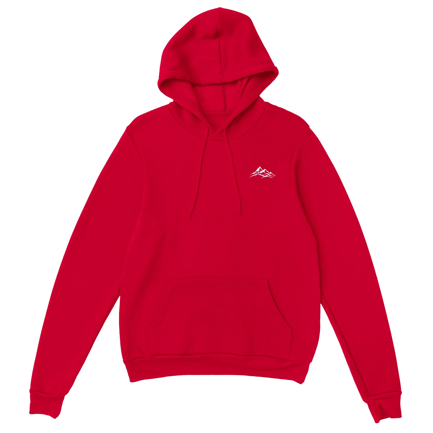Red unisex hoodie with white mountain graphic, front pocket, and drawstring hood
